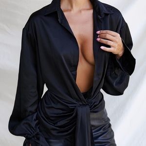 House of CB Black Satin Drape Shirt